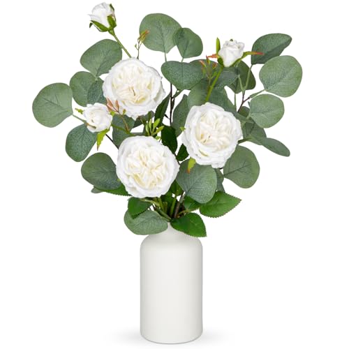 Arborus Artificial Flowers in Ceramic Vase 40CM Artificial Eucalyptus with White Rose Flowers in Vase Fake Eucalyptus Plant Flower Arrangement for Home Table Centerpieces Wedding Decorations