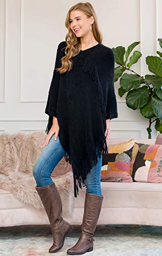 Classic Soft Knit Poncho Shawl Wrap - Basic Warm Pullover Fringe Tassel Sweater Chunky Crochet, Plain V-Neck4