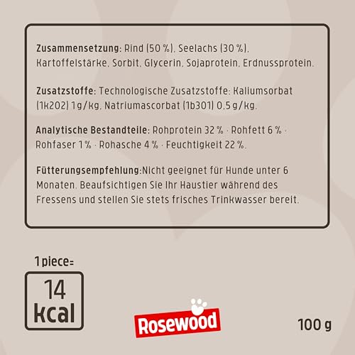 Rosewood Steak Bites Rind & Seelachs – Zarter Trainingssnack für Hunde, hoher Fleisch-/Fischanteil, ohne Getreide, ohne künstliche Zusatzstoffe, 100 g