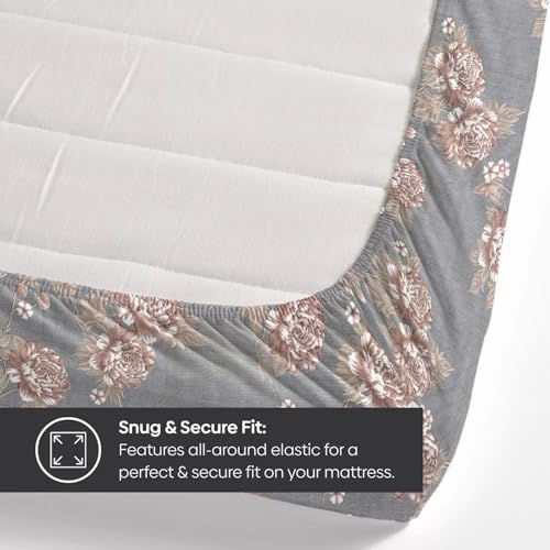 Image of Rivermoor 200 TC Ultrasoft Bed Sheet Double Bed | Queen Size Bed Sheet with 2 Pillow Covers | Elastic Fitted Bedsheet | Grey Floral Print | 72 x 78 x 10 Inches | Soft, Breathable & Easy Care