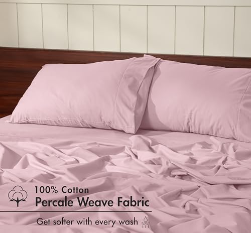 Image of RUVANTI 100% Cotton Percale Sheets California King - Crisp Cooling Summer Bed Sheets for Hot Sleepers, Deep Pocket 12 inch, Soft Peach Finish, Breathable & Durable Hotel-Style 4 Piece Set, Dusty Rose