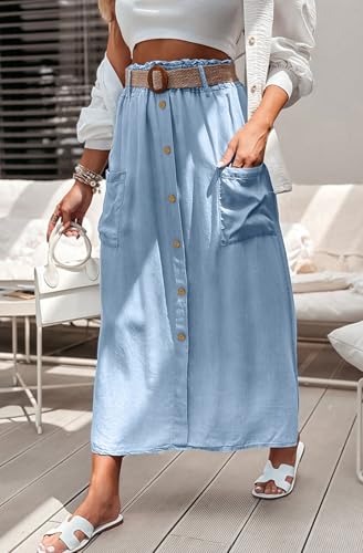 loveimgs Women Summer Elastic Waist Flowy Tencel Denim Maxi Skirt A Line Button Ruffle Cargo Long Jean Skirt Boho Lightweight2