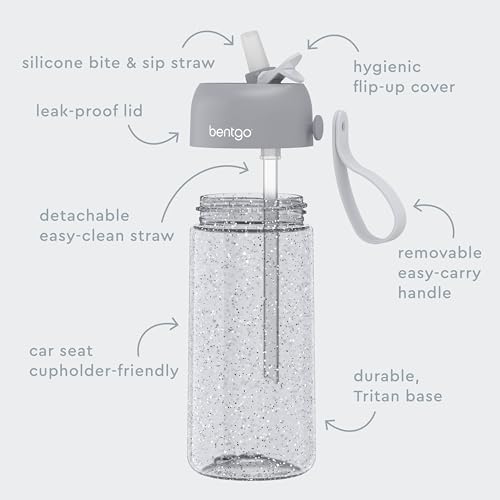 Bentgo Kids Water Bottle - Leak-Proof, Durable Tritan, BPA-Free 15 oz. Cup for Kids/Toddlers Ages 3+, Bite & Sip Spout, Carrying Handle, & Dishwasher Safe for School (Glitter Edition - Silver)