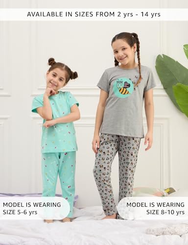 Image of Amazon Brand - Symbol Girls 100% Cotton Night Suit Set |Half Sleeves T-Shirt & Pajama Set | Age 2-14 Years