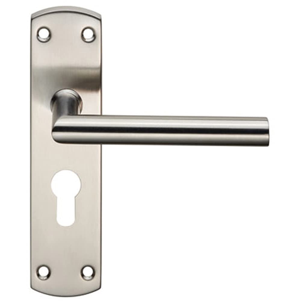 Loops Satin Stainless Steel Mitred Lever Door Handle On Euro Lock Backplate - 172 X 44Mm - Satin Steel | Commercial Lever On Backplate Door Handle - Internal Door Hardware - Lock, Euro, Oval And Latch Options Available
