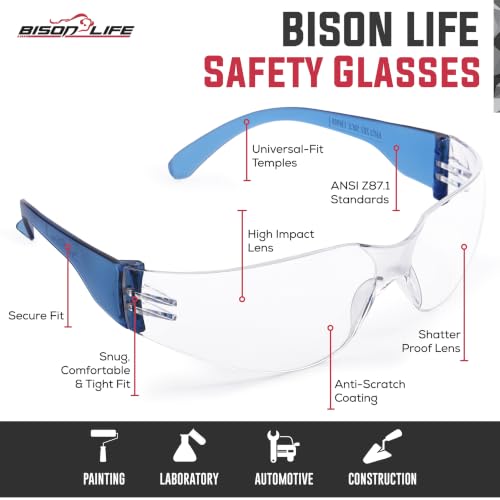 Image of BISON LIFE Clear Safety Glasses - ANSI Z87.1 Certified Scratch & Impact Resistant Eye Protection Goggles for Men & Women