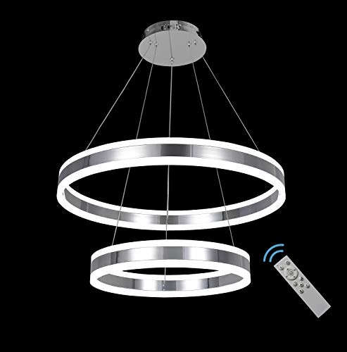 Review AKEELIGHTING Led Chandelier Lighting Modern Dimmable Ceiling Dining Room Chandeliers Contemporary Led Light Fixtures Hanging 2 Rings with Remote Bedroom Pendant Lights Adjustable Height Chrome