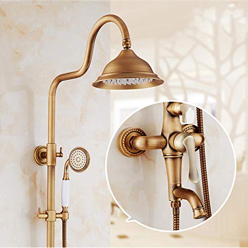 Kit douche laiton antique avec mélangeur mural, pommeau rond et douchette à main