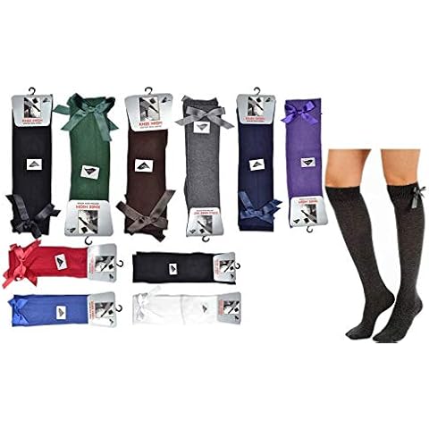6 Pairs Girls Knee High Socks With Bow, Girls School Uniform Socks, Cotton Rich Long Socks (UK Shoe Size 4 to 6.5 (11+ yrs), Grey) Cover