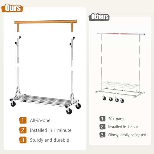 Gewudraw Heavy Duty Clothes Rack Load 530 lbs, Metal Rolling Clothing Rack With Sturdy Wheel And Shelves, Adjustable Portable Hanging Garment Rack For Clothes,Chrome Stainless Steel