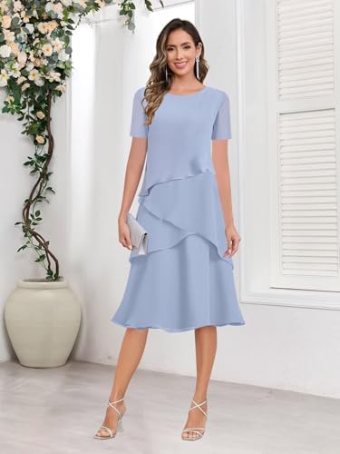 Women's Chiffon Tea Length Mother of The Bride Dresses for Wedding Scoop Neck Evening Formal Dress with Sleeves2