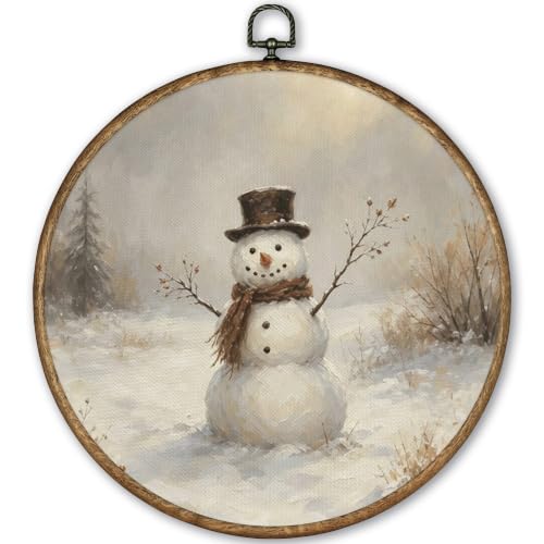 TLESKE Vintage Christmas Snowman Round Wall Art Decor Framed 10x10