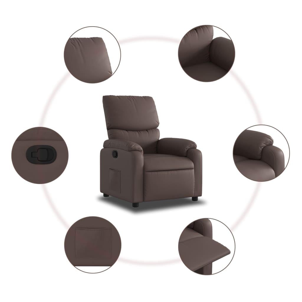 Sillón de relax manual de piel sintética marrón con reposabrazos, cómodo sillón de descanso con bolsillo lateral, respaldo ajustable hasta 135°, piel sintética de fácil cuidado, estable