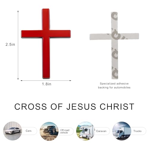 Image of 2PCS Metal Christian Cross Emblem Stickers, 2.5x1.8in 3D Jesus Christ Auto Emblem Badge Decal, Self-Adhesive Styling Cross Decal Decoration for Trunk Tailgate Side Fender (Red)
