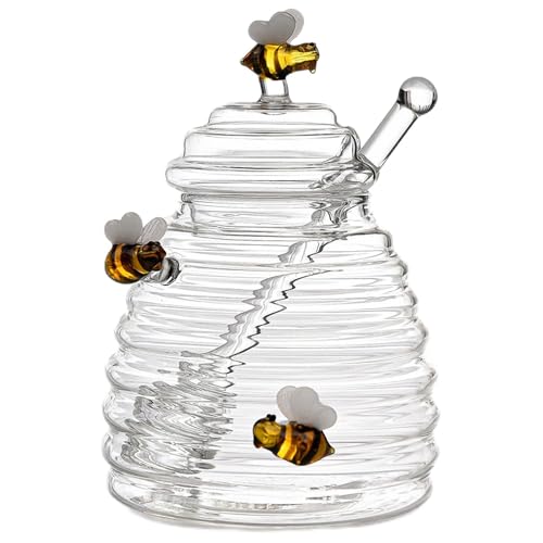 Genérico Tarro De Miel De Vidrio, Tarro De Miel De Vidrio, Dispensador De Tarro De Miel Con Cuchara Y Tapa, Recipiente De Alimentos De Gran Capacidad Para Miel, Mermeladas O Especias, 500 Ml