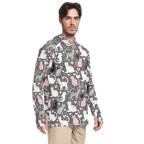 Cartoon Cute Grey White Peach Cats Men's Sun Shirts Hoodies Long Sleeve Adult Rash Guards UPF 50 + Beach Shirt S2