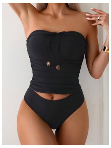 SweatyRocks Women's Swimsuit Ruched Strapless Bandeau Bikini Sets 2 Piece Bathing Suit4