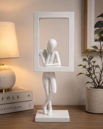 Image of Uptrix Decorative Modern Abstract Thinker Sculpture with Frame, Minimalist Black Resin Decorative Statue, Contemporary Tabletop Home Decor Accent for Living Room. (White)