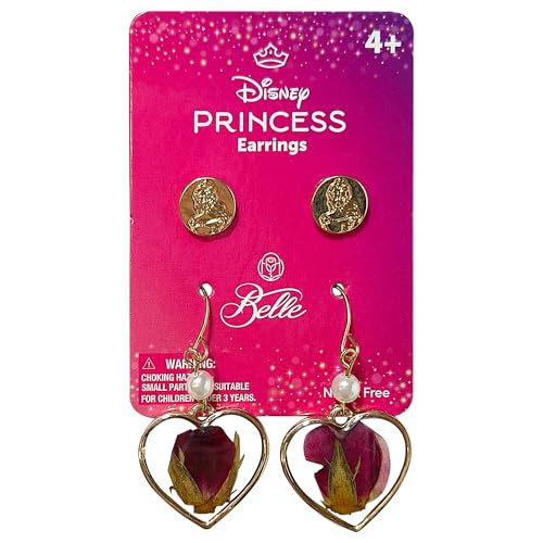 LUV HER Disney Belle Earrings Gift Sets - Heart-Shaped Drop Earrings with Pearl Accent & Belle Studs - Hypoallergenic Nickel-Free - Ideal Gifts for Girls' Parties, Costumes Ages 4+