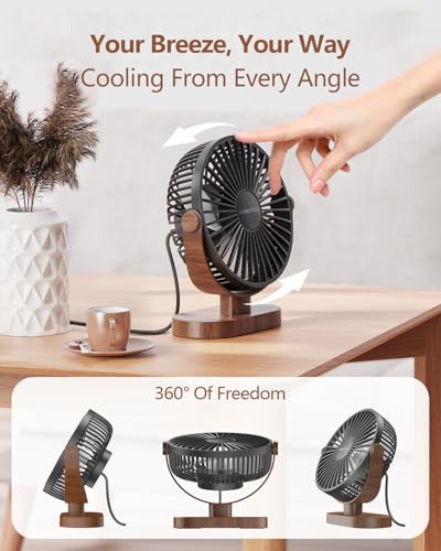 Image of SWEETFULL 6.5 Inch USB Small Desk Fan, 3 Speeds Quiet Portable Desktop Table Fan, 360A‚ Adjustment Personal Mini Fan for Home Office Car Outdoor Travel (Black wood grain)