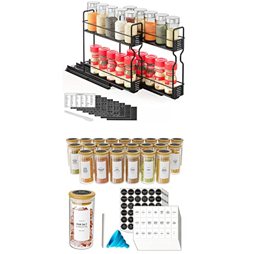 SpaceAid Pull Out Spice Rack Organizer for Cabinet, 2 Drawers 2-Tier, 24 Pcs Spice Jars with Bamboo Lids and Labels
