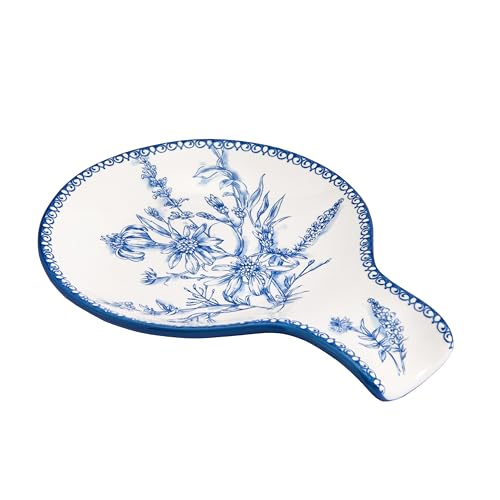 Bico Blue Garden Toile De Jouy Spoon Rest for Stove Top, Ceramic Spoon Holder for Kitchen Counter, Easy to Clean Coffee Spoon Rest Dishwasher Safe, Kitchen Cooking Utensil Rest for Ladles Spatula