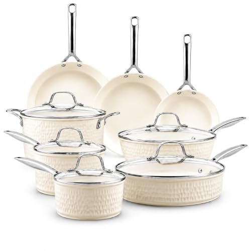 Image of GOTHAM STEEL HAMMERED 13 Pc Ceramic Cookware Set, Titanium & Diamond Coated