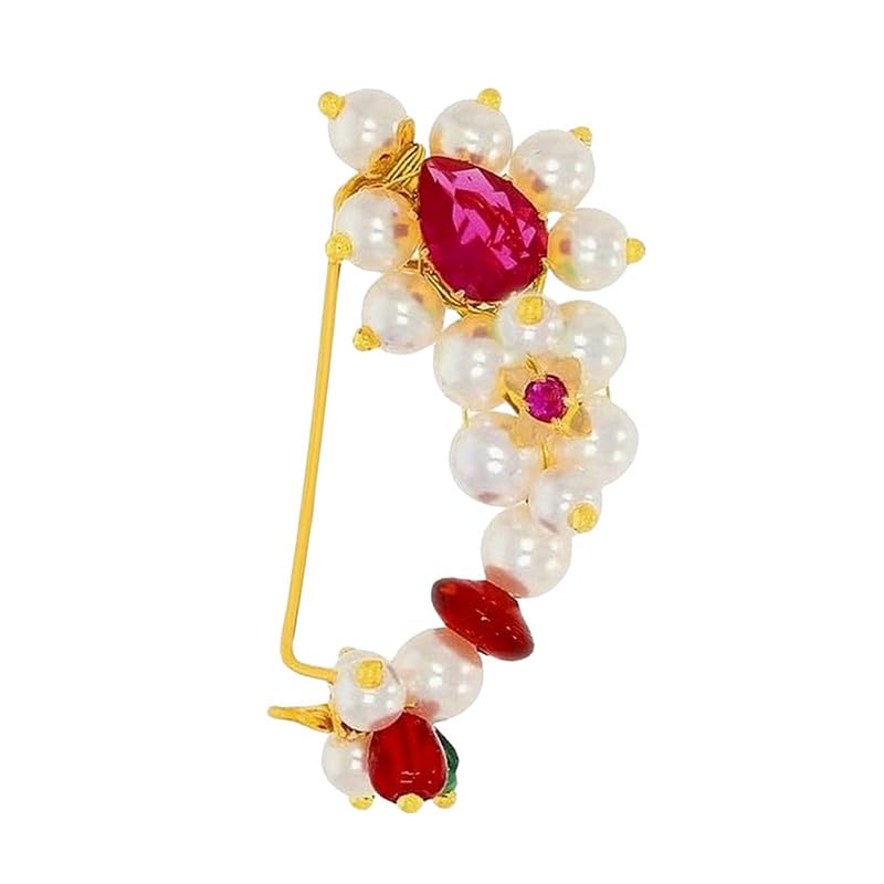 vama FASHIONS Traditional Maharashtrian Marathi Nath Nose Pin White Pearls Design Clip on Without Piercing Nose Pins For Women-picture-33
