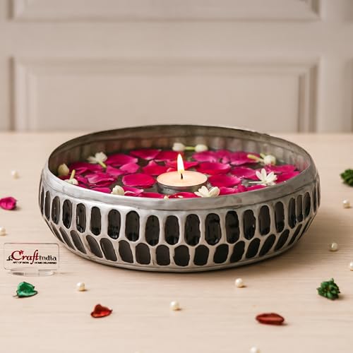 Image of eCraftIndia Black Silver Metal Urli Bowl for Home Decoration Office Tv Unit Kitchen Showpiece for Good Luck | Urli for Floating Candles Flowers for Pooja Room Entryway Living Room Diwali Gift