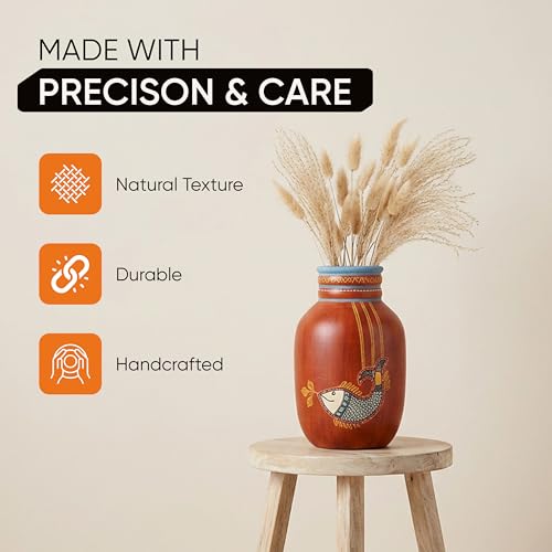 Image of Aakriti Art Creations Madhubani Fish Terracotta Vase | Handmade Rustic Red Decorative Flower Vase | Traditional Folk Art Vase for Living Room Table Decor & Housewarming Gift