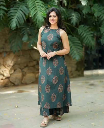 Image of GoSriKi Co Ord Set for Women Viscose Printed | A-Line Kurta Palazzo Set for Woman | Round Close Neck Sleeveless Ethnic Dress Stylish Coord Outfit Trendy Womens Clothing