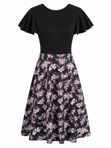 Image of MSLG Women's Fit and Flare Ruffle Short Sleeves Dresses Work V-Back Cocktail Semi Formal A Line Dress with Pockets 842