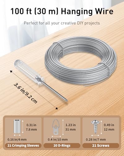 Image of Uniclife Picture Hanging Kit, 100 ft Picture Hanging Wire, Picture Wire Hanging Kit with D Rings, Metal Picture Hangers for up to 30 lbs, Picture Frame Wire for Canvas, Art & Painting