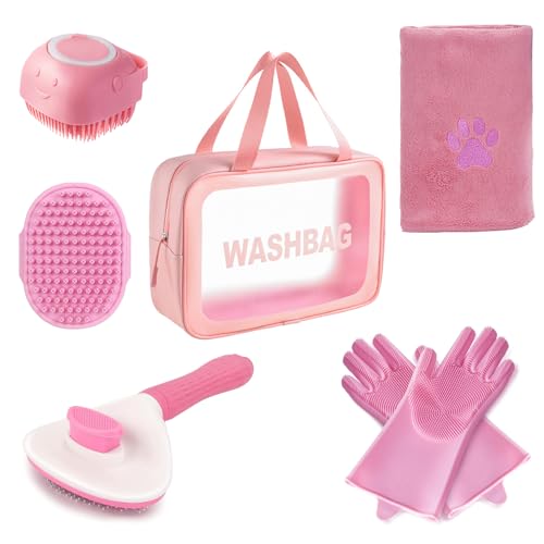 Kemodia 6PCS Pink Dog Washing Kit with Dog Brush Shampoo Brush Bath Scrubber Washing Gloves 39.7 20.5 Towel and Big Toiletries Bag.