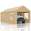 COBIZI Carports 10x20 Heavy Duty Car Canopy Garage with Removable Sidewalls & Doors, Galvanized Frame Portable Carport Canopy with Built-in Sandbags & All-Season Tarp for Car Boat Truck, Khaki