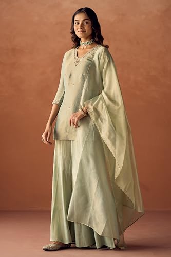 Image of FIORRA Women Pista Green Tissue Blend Hand Embroidered Kurta Set with Dupatta