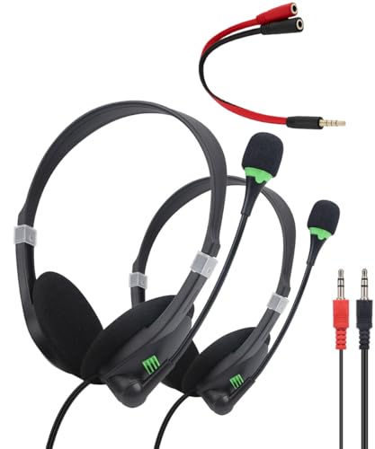 Joyqua 2 Pack Wired Headset with Microphone, 3.5mm Plug Headphones for Online Learning, Office, Laptop, PC, School, Call Center, Adjustable On-Ear Headphones with Clear Sound & Noise-Reducing Mic