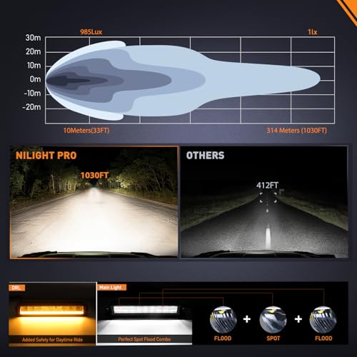 Image of Nilight LED Light Bar with Amber DRL 2 PCS 45 W 12.2 Inch Single RowLights | Slim 4980 LM Anti-Glare Flood Spot Combo IP68 Offroad Driving Lights with 16AWG DT Wiring Kit for Pickup Truck SUV Jeep