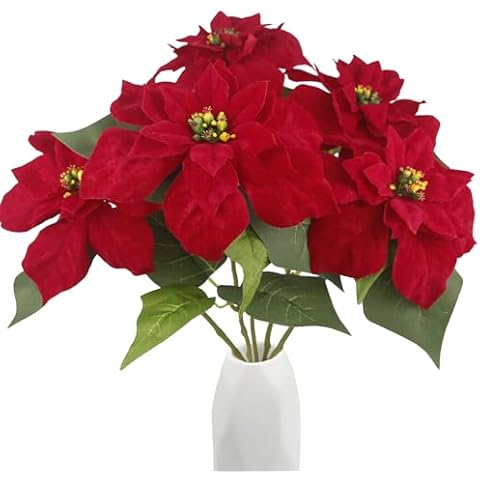 FAICOIA Artificial Poinsettia Bushes Silk Poinsettia Plants Artificial Christmas Flowers Bouquet Red Velvet Poinsettia Flowers for Floral Arrangements Home Porch Garden Indoor Outdoor Xmas Decor Cover