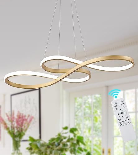 Q&S Modern LED Chandelier Gold Contemporary Light Fixtures Pendant Light Hanging Light for Dining Room Kitchen Island Dimmable Chandeliers with Remote Control 4000K-6000K L30 in
