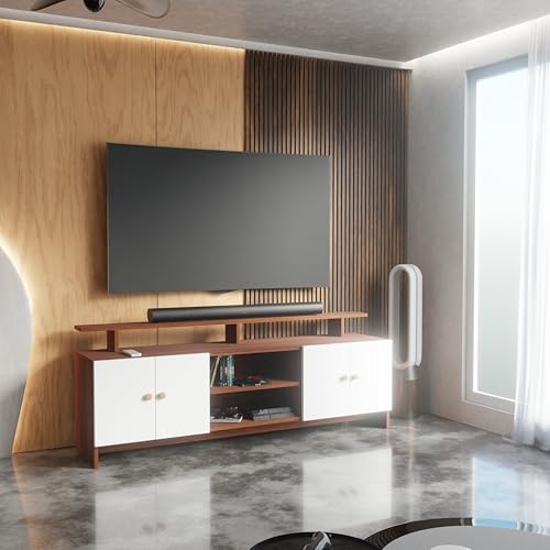 Image of Modern TV Unit for Living Room | Wooden TV Cabinet with Open Shelf & Storage | Entertainment Unit | Assembly-DIY | Color-Cherry Pine & White