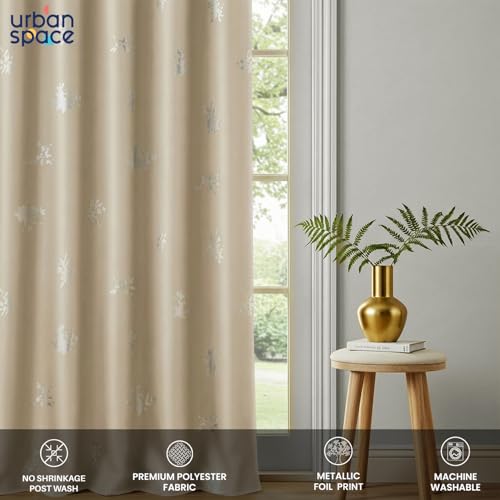 Image of Urban Space 100% True Blackout Curtains for Door, Gold Foil Printed Blackout Curtains, Blackout Decorative Door Curtain Eyelet with Tieback, 1 Piece Curtain for Living Room(Crackle Beige, 7 Feet)