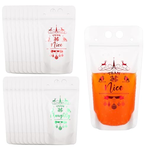 20pcs Christmas Drink Pouches, Team Naughty & Team Nice Reusable Juice Pouches Christmas Bell Ball Elk Drink Container for Wine Cocktail Cola Party Drinkware Supplies