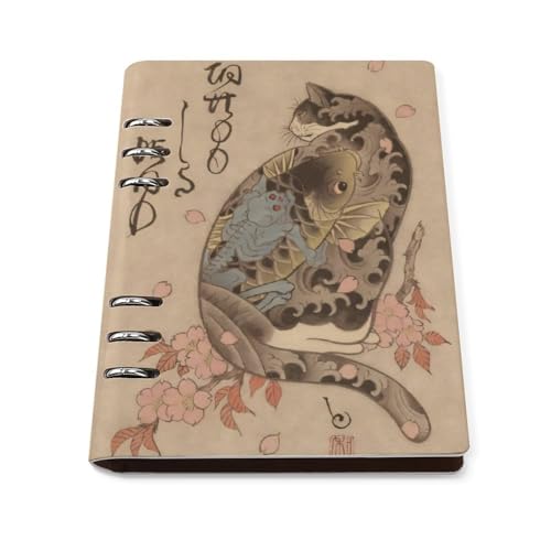 A5 ノート リフィル対応 和風 浮世絵 猫柄 PUレザー 手帳型 ビジネスノート 6穴 バインダー 書きやすい リングノート 多機能 メモ帳 学生 社会人 仕事用 おしゃれ