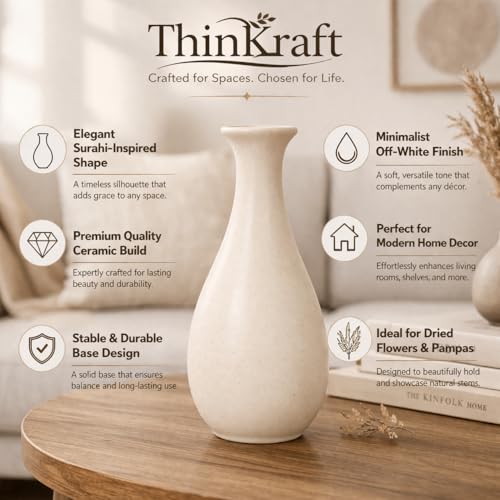 Image of Ceramic Flower Vase, Off White, Surahi Shape Design, Matte Finish, Decorative Vase for Pampas Grass, Artificial Flowers & Home Decor (Only Vase) (Surahi Shape)