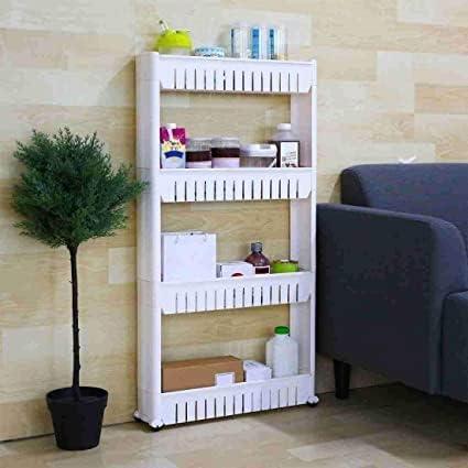 DJ ENTERPRISE 4 Layer Plastic Space Saving Storage Organizer Slim Rack with Wheels | Slim Slide Out Kitchen Trolley Rack Holder Storage Organizer for Kitchen, Bathroom (White) (4 Tier Slim Rack)-image-36