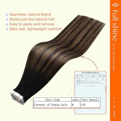 Image of Full Shine Tape in Hair Extensions, 22 Inch Natural Black Brown | 50g 20PCS, Invisible Double Sided Human Hair Tape in Extensions, Remy Finish Seamless Blend Add Length for Styling