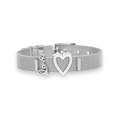 Preisvergleich Produktbild URBANHELDEN - Mesharmband - IN LOVE - aus Edelstahl - Mesh Charm Armband - Charms austauschbar - Größen verstellbar - Damenarmband Charmband - IN LOVE Silber