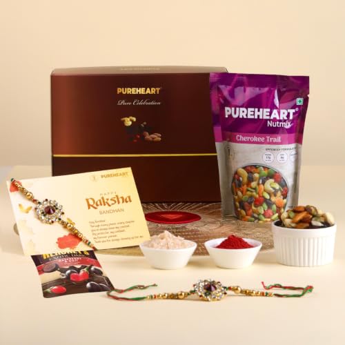 Image of PUREHEART Rakhi Gift Hamper- Cherokee Trail Mix (80g) and Chocolates with Floral Rakhi for Brother, Gift Card, Pooja Rice, Kumkum - Dry Fruits and Nuts Gift