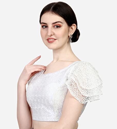 Pujia Mills Women's Shipali Net Work Ruffle Sleeve Readymade Saree Blouse